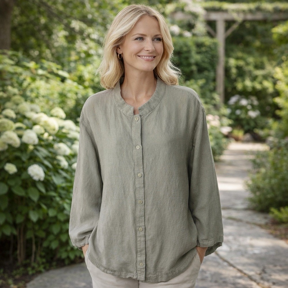 Eileen Fisher Linen Blend‎ Button Down Blouse Pockets Minimalist Chic Luxury 3X